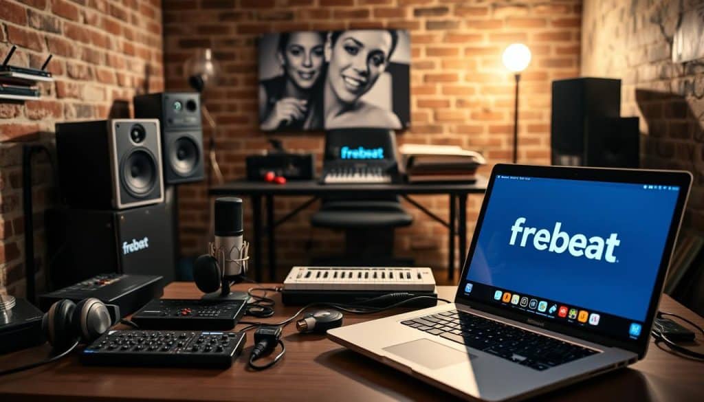 A lo-fi recording studio with affordable trap beat equipment. In the foreground, a laptop displaying the "Frebeat" logo, surrounded by various MIDI controllers, headphones, and a compact microphone. The middle ground features a sleek, minimalist desk with an audio interface and a stack of vinyl records. The background is a cozy, dimly lit room with exposed brick walls, casting a warm, atmospheric glow. The overall scene conveys a sense of creativity and accessible, high-quality sound production for emerging artists.