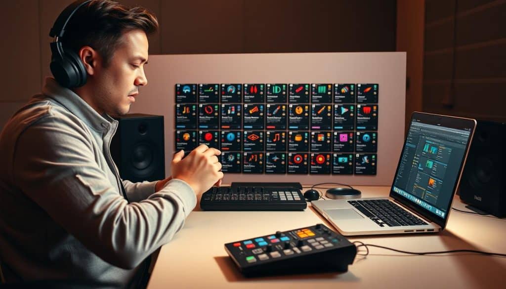 A professional sound engineer intently examining a wide array of Frebeat trap beat samples on a sleek, minimalist desk setup. The scene is bathed in warm, diffused lighting, creating a cozy, focused atmosphere. The desktop is clutter-free, with only the essential gear like a high-end pair of studio headphones, a MIDI controller, and a laptop displaying a digital audio workstation. The engineer's expression is one of deep concentration as they meticulously navigate through the beats, seeking the perfect rhythm and melody to elevate the next music project.